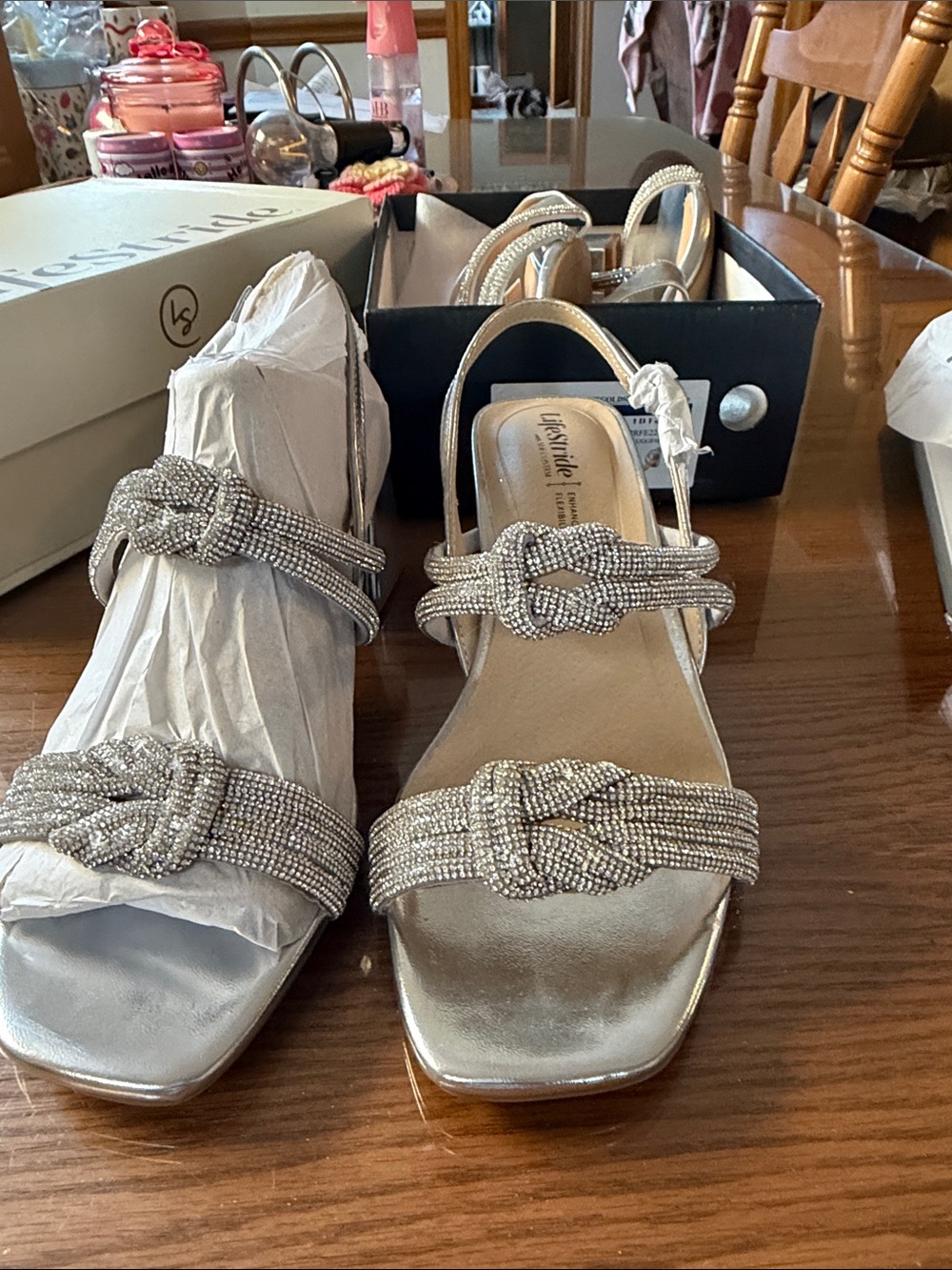 Embellished Knot Slingback Sandals in Silver